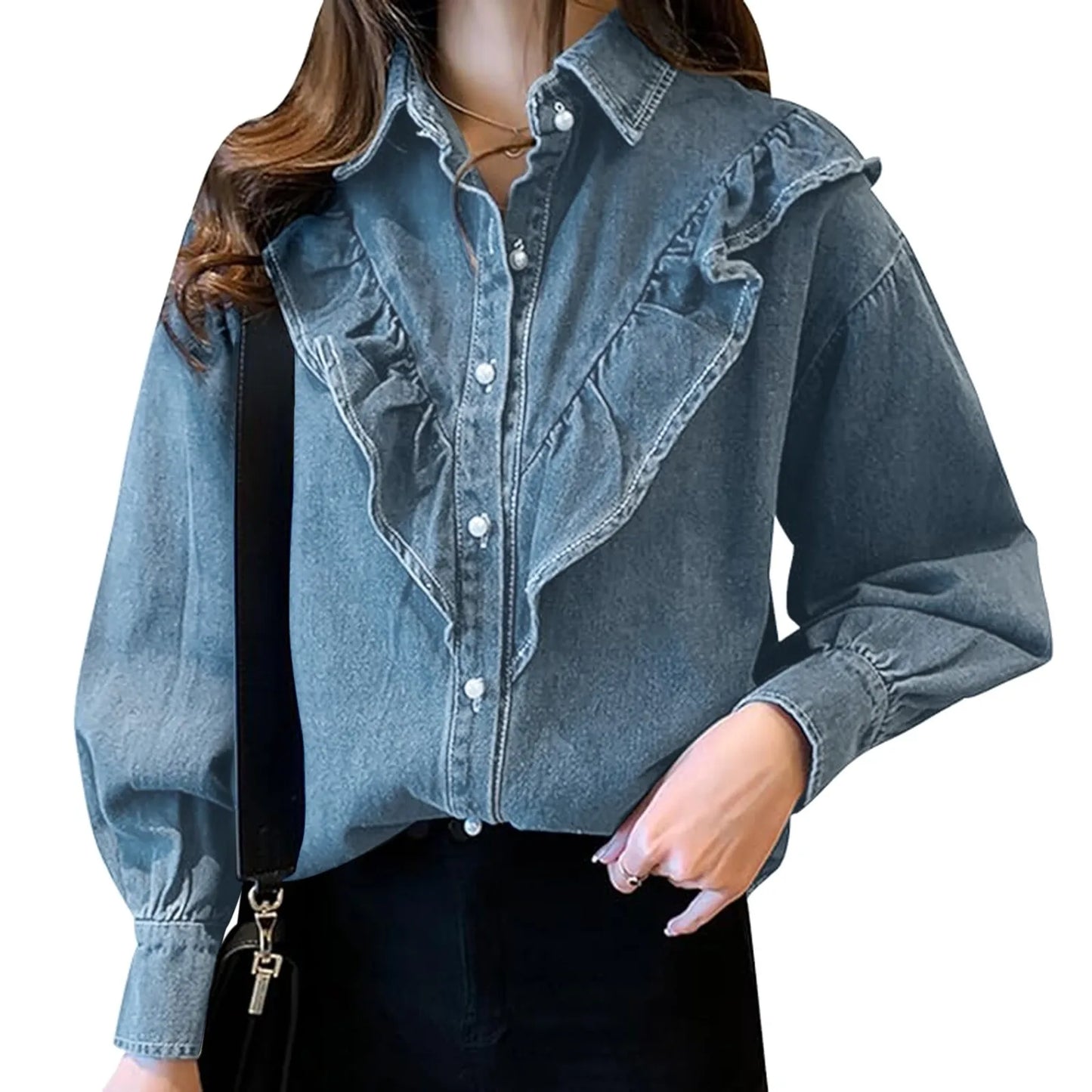 Women's Korean Style Ruffles Neck Denim Shirt Vintage Deep Blue Loose Double Pocket Long Sleeved Versatile Casual Coat Shirt