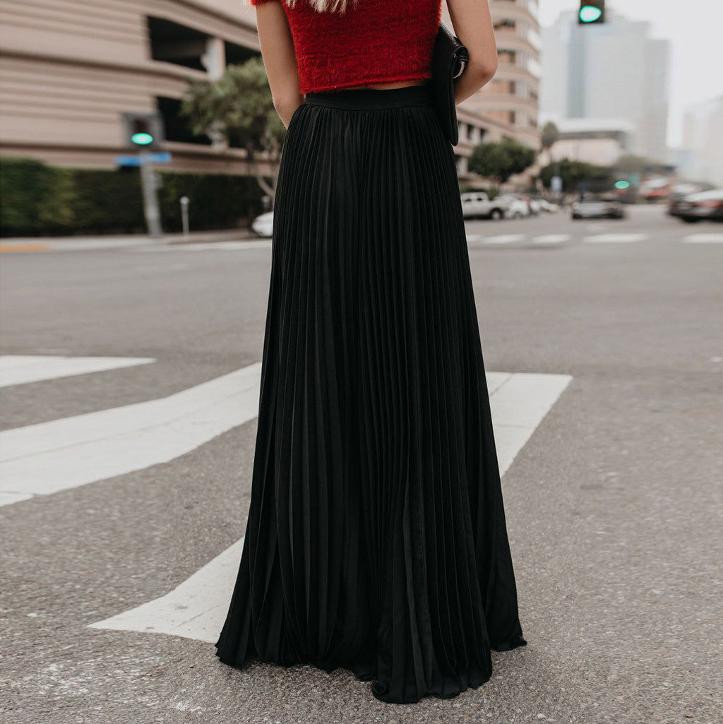 2022 Fashion Womens A-line Pleated Red Skirts Summer Jupe Longue Elastic Vintage Elegant Chic Loose Long Skirt Dropshipping