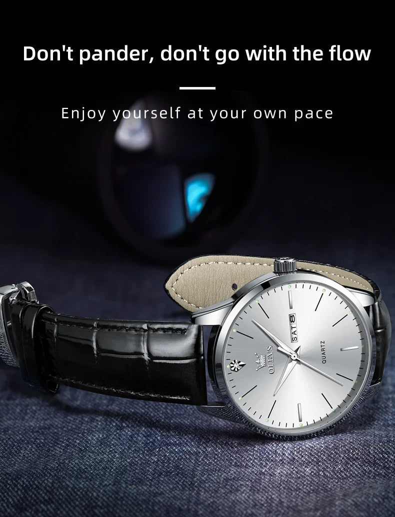 OLEVS Fashion Business Brand Original Men Watches Leather Strap Trend Week Calendar Quartz Watch Luminous Waterproof 43mm Dial