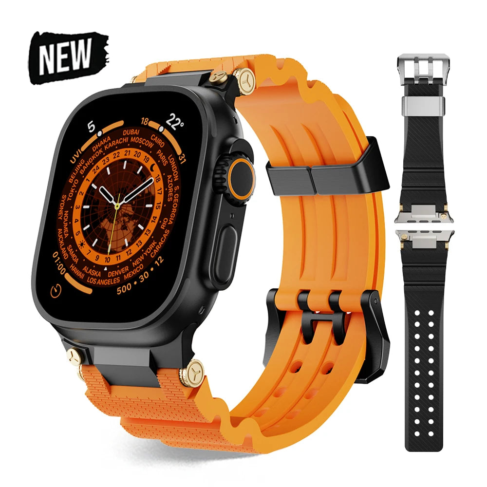 Sports Silicone Band for Apple Watch Ultra 2/1 49mm Luxury Bracelet for iWatch 10 9 8 7 6 5 4 SE 44mm 45mm Metal Connector Strap