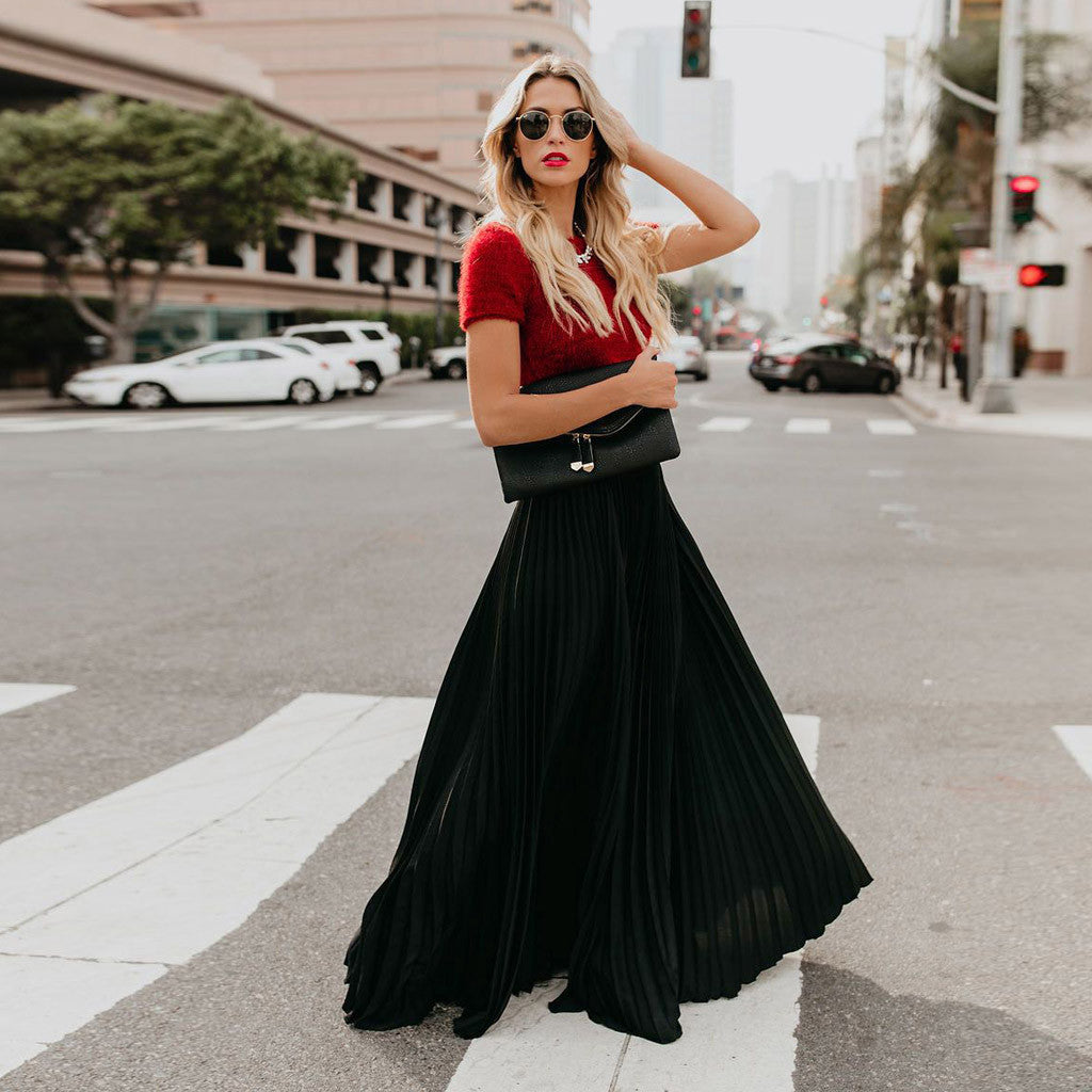 2022 Fashion Womens A-line Pleated Red Skirts Summer Jupe Longue Elastic Vintage Elegant Chic Loose Long Skirt Dropshipping