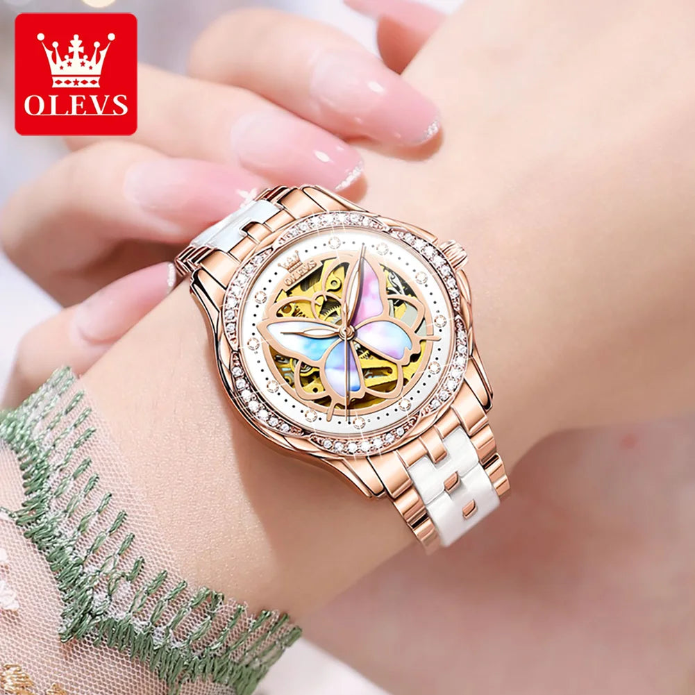 OLEVS Automatic Mechanical Watch for Women Colorful Fritillary Butterflies Luxury Elegant Ceramics Watchband Ladies Wristwatches