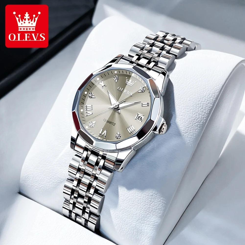 OLEVS Elegant Fashion Women's Watches Luxury Brand Original Quartz Watch for Ladies Waterproof Stainless Steel Luminous Date