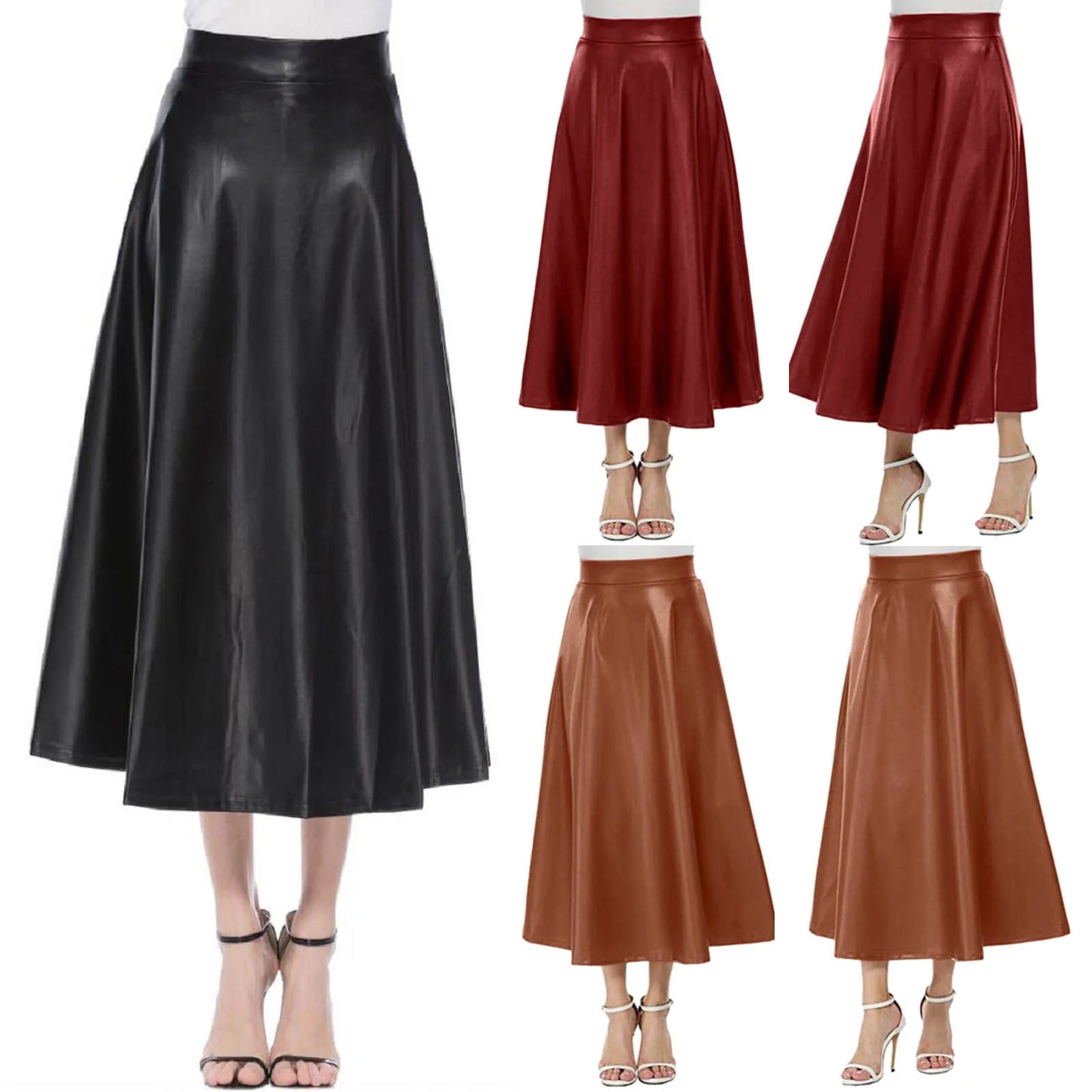 Faux Leather Skirt Women High Waist Solid Color A Line Pu Leather Midi Skirt Office Lady Business Skirts Streetwear Dress Up