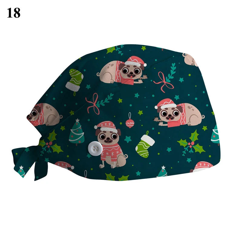 New Christmas Scrubs Caps Santa Claus Print Cap Pet Grooming Agency Work Scrubs Hat Beauty Work Hats Lab Nursing Cap