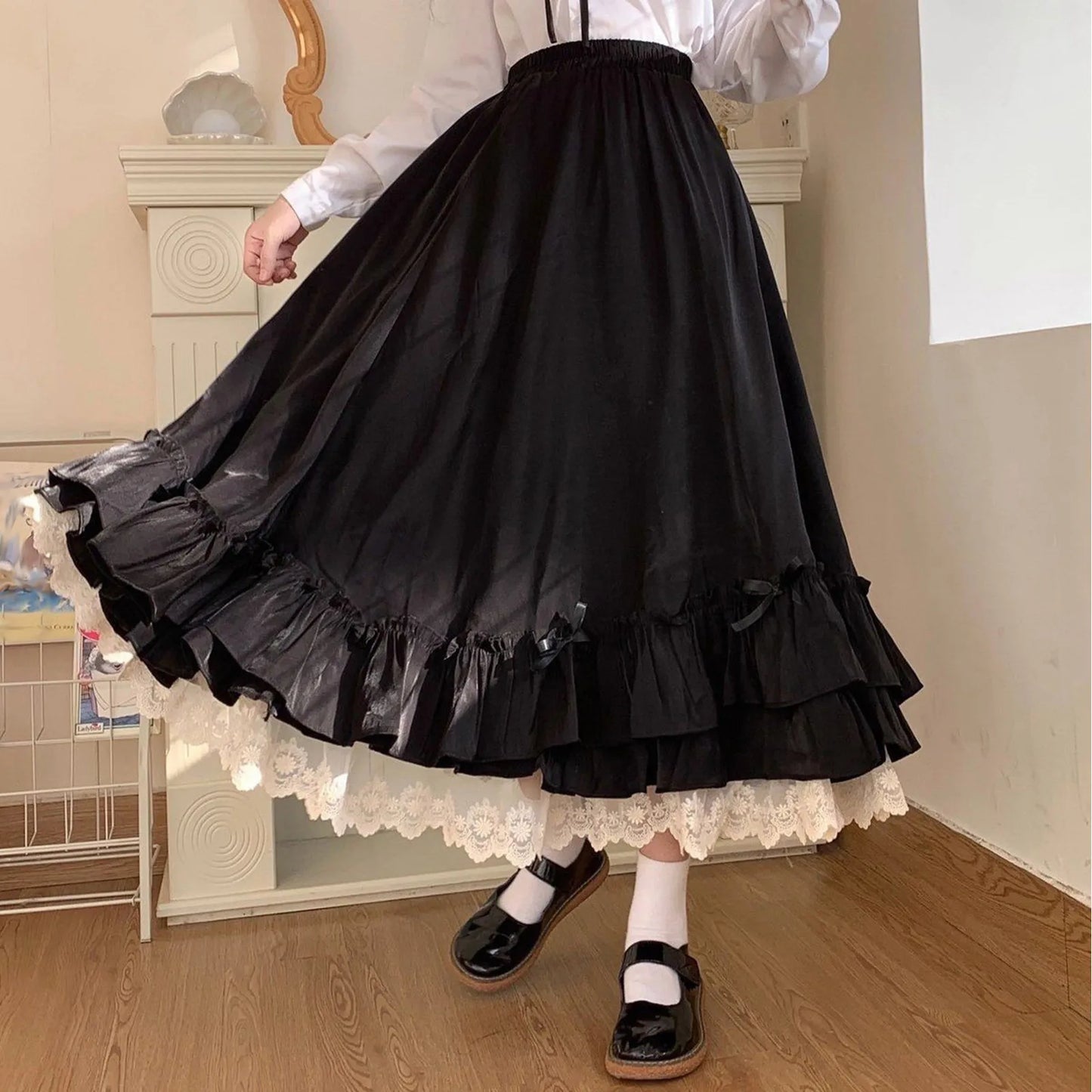 Sweet Heart Lolita Costumes Women's Ruffles Hem Bowknot Japanese Style A-Line Skirt Princess Layer High Waist Lace Skirt