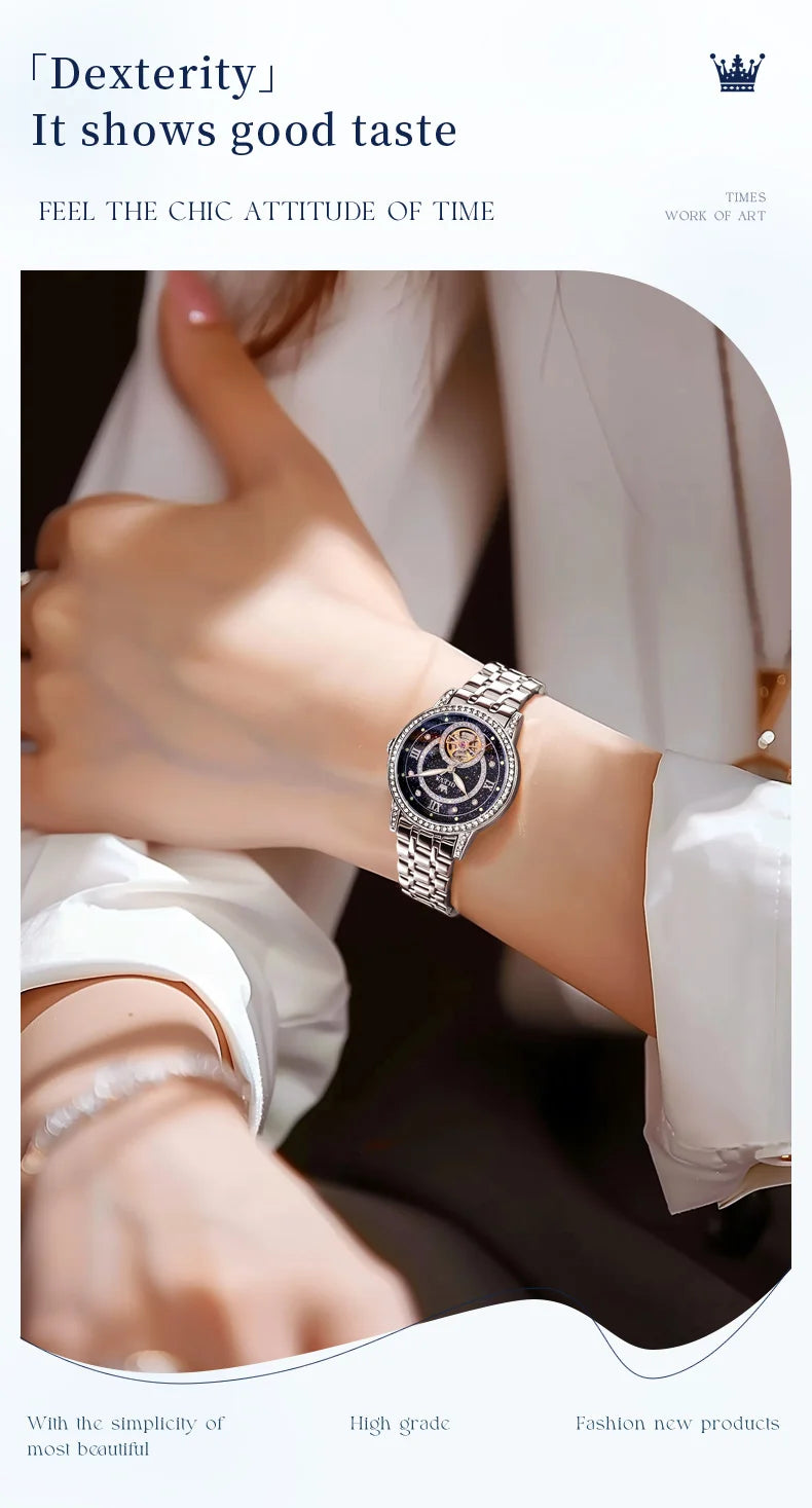 OLEVS Top Brand Women's Watches Elegant Shining Brightly Dial Original Wristwatch Waterproof Automatic Mechanical Flywheel Watch