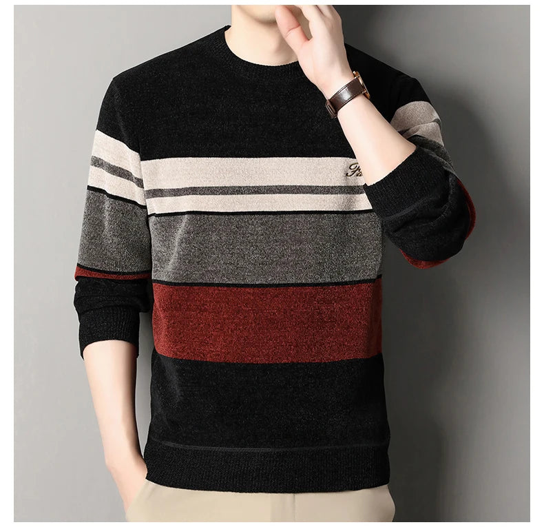 Mens Chenille Sweaters Fashion Knitting Pullover Striped Men's Autumn Winter Top Clothes Round Neck Knitted Sweaters