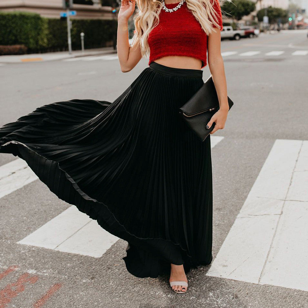 2022 Fashion Womens A-line Pleated Red Skirts Summer Jupe Longue Elastic Vintage Elegant Chic Loose Long Skirt Dropshipping