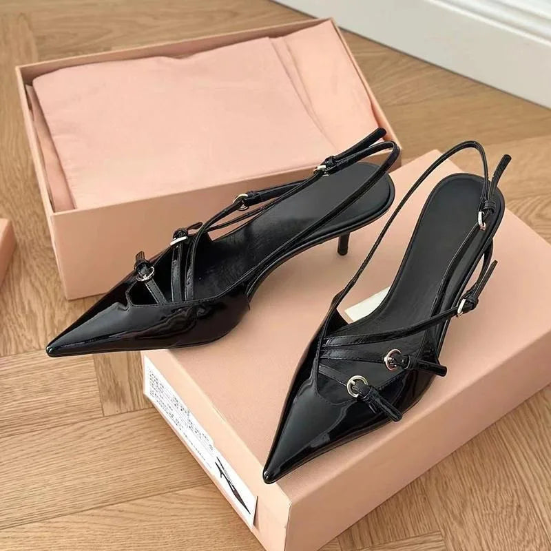 2024 Summer New High Heels, Women's Sexy Hollow Black Silk Pointed One-line Buckle Skinny Heel Sandals, Women's Shoes