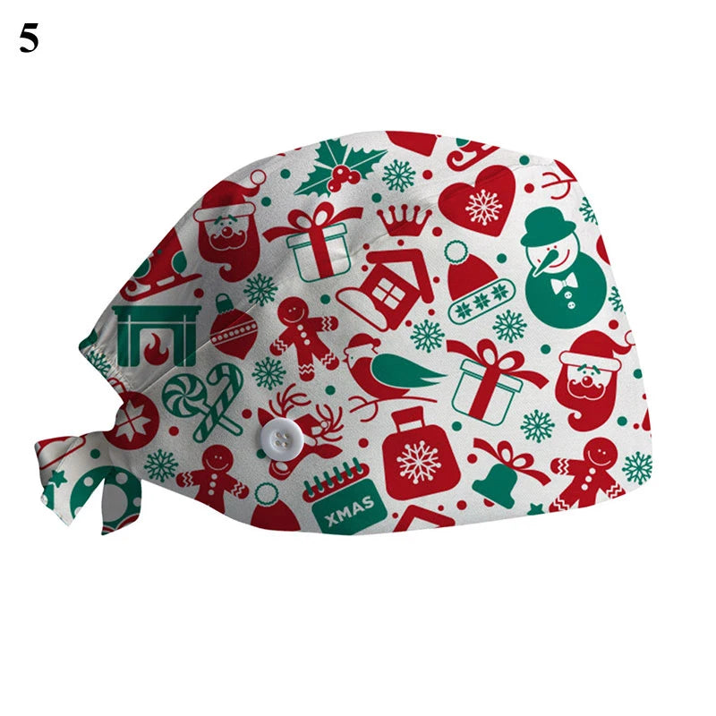 New Christmas Scrubs Caps Santa Claus Print Cap Pet Grooming Agency Work Scrubs Hat Beauty Work Hats Lab Nursing Cap