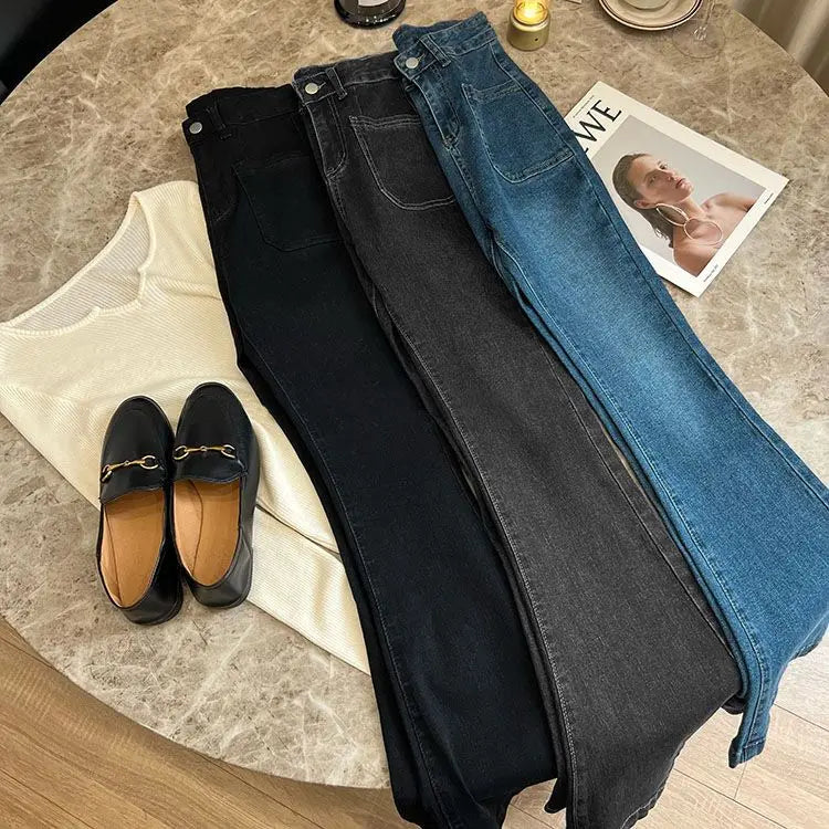 New High Waist Trousers Loose Washed Jeans Pockets Slim Denim Flare Classic Women Vintage Stretch Straight Trousers All-match