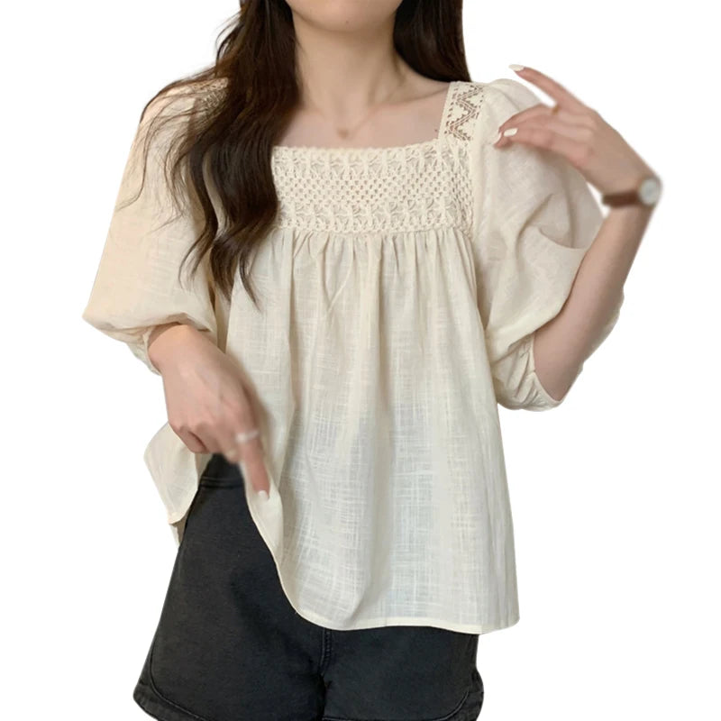 Women's Doll Shirt shirt Sweet Shirt Solid Color Square Collar Temperament Bubble Sleeves Cotton Hollow Out Design Sense