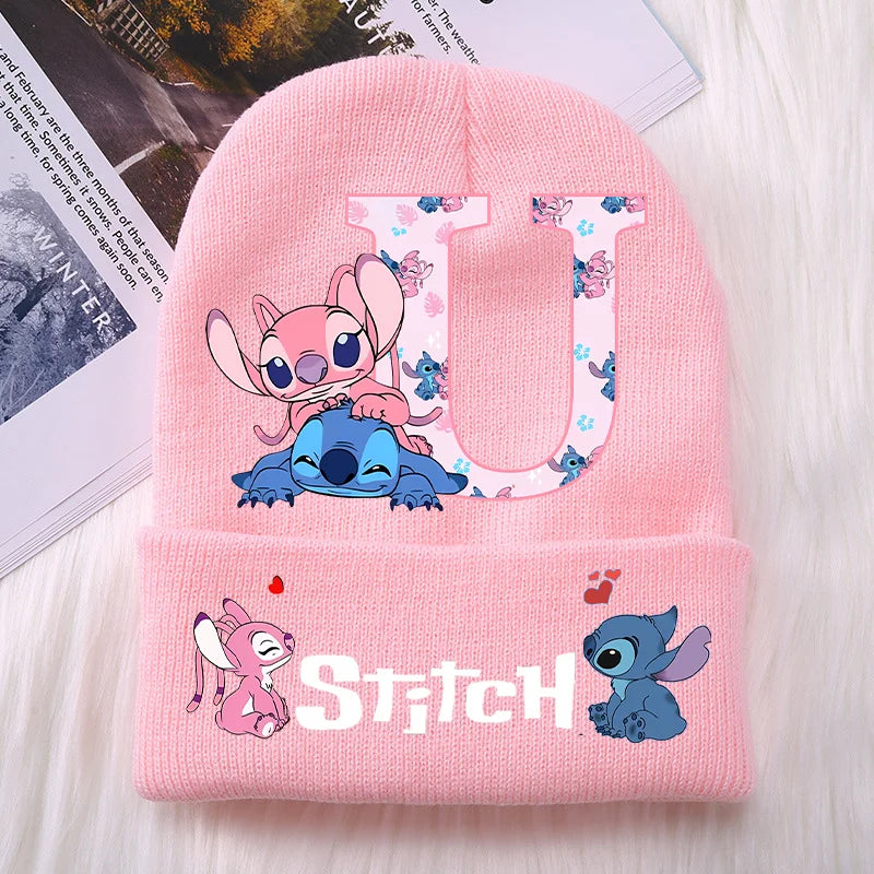 Stitch Angel Girls Knitted Caps Baby Hat Kawaii Cartoon Letter A-Z Printed Beanie Kids Winter Warm Accessories Christmas Gifts