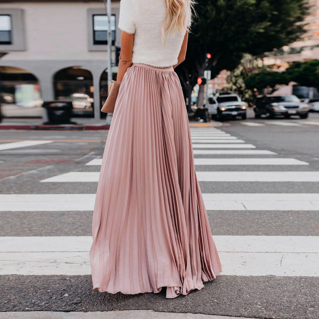 2022 Fashion Womens A-line Pleated Red Skirts Summer Jupe Longue Elastic Vintage Elegant Chic Loose Long Skirt Dropshipping