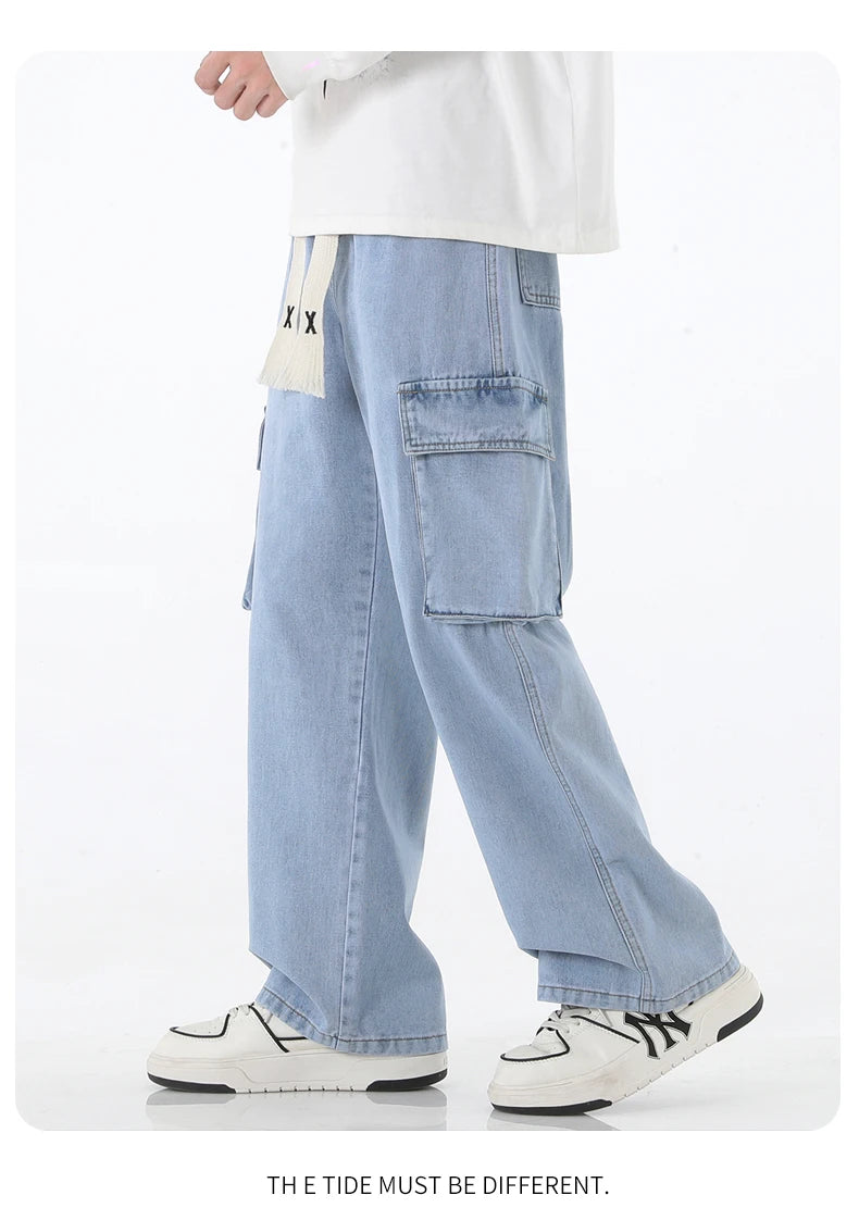 Autumn New Men Cargo Jeans Baggy American High Street Y2K Multi-pocket Youth Overalls Fashion Streetwear Vintage Wide Leg Pants