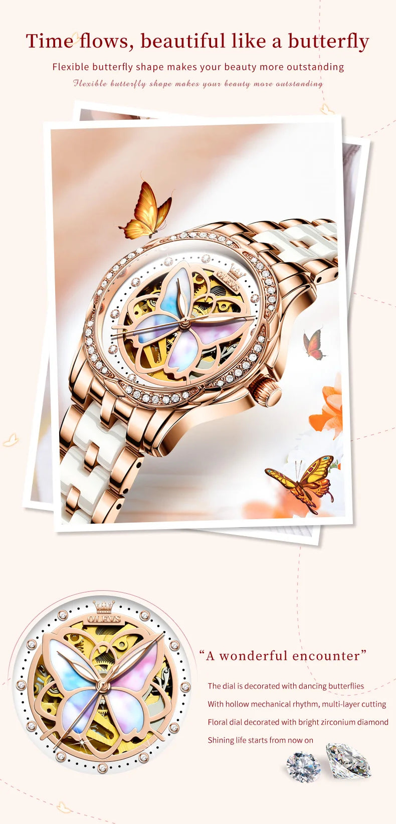 OLEVS Automatic Mechanical Watch for Women Colorful Fritillary Butterflies Luxury Elegant Ceramics Watchband Ladies Wristwatches