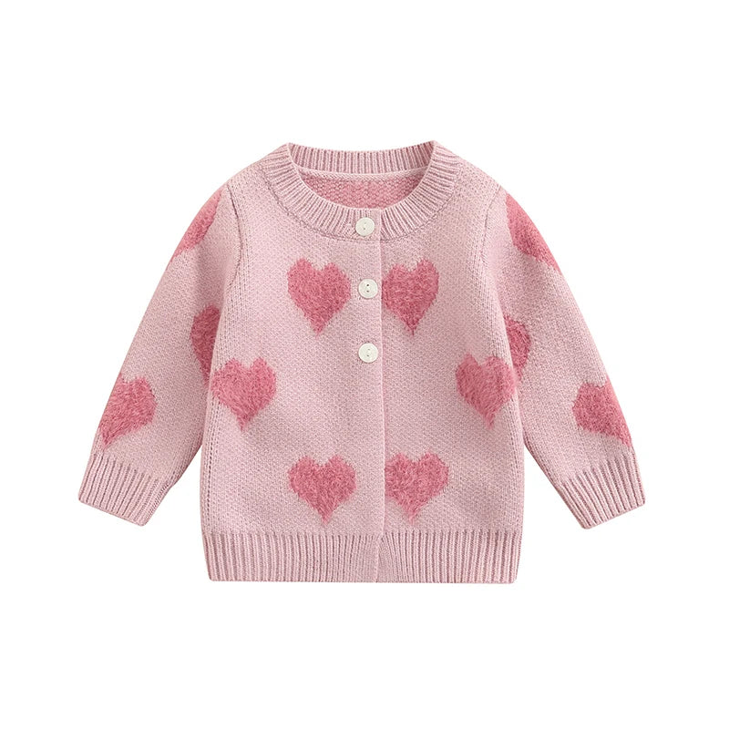 Adorable Newborn Knit Cardigan Sweater Coat Infant Toddler Girl Boy Heart Pattern Long Sleeve Button Closure Jacket Top