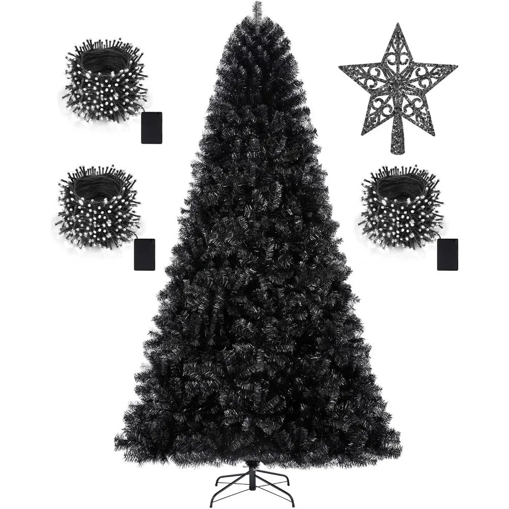 7.5ft Black Christmas Tree  Artificial Decorations with 1,450 Tips-1pcs Treetop Star, Christmas Tree Holiday Party Decorations