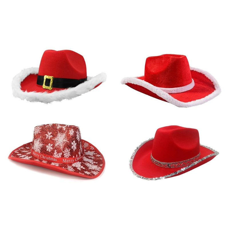 Stylish Scarf Cowgirl Hat Bandana Set for Christmas Party Photo Props Santa Hat with Beautiful White Brim