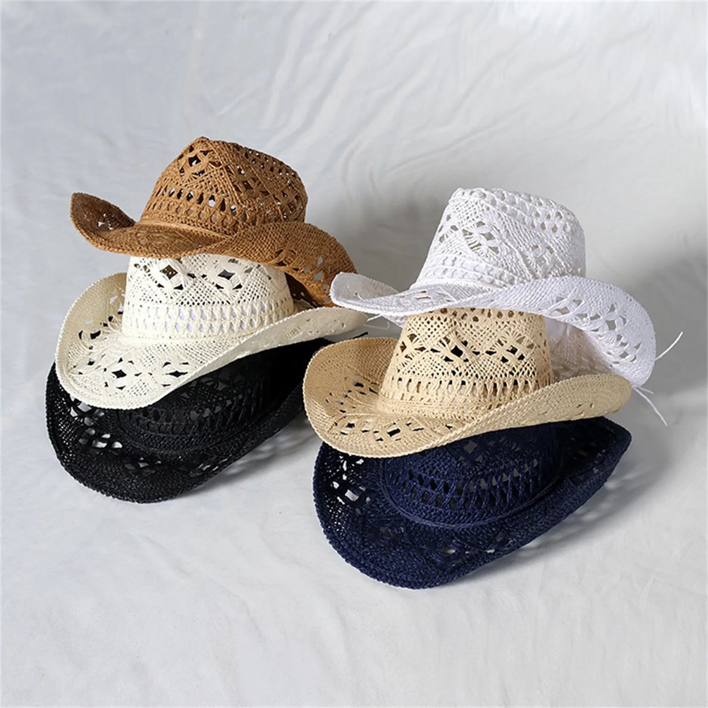 5pcs Fashion Hollowed Handmade Cowboy Straw Hat Women Men Summer Outdoor Travel Beach Hats Unisex Solid Western Sunshade Cap