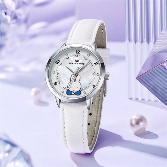 OLEVS & Miffy Joint Edition Women's Watches Casual Cute Style Original Quartz Watch for Girl Leather Strap Box Gift for Kids