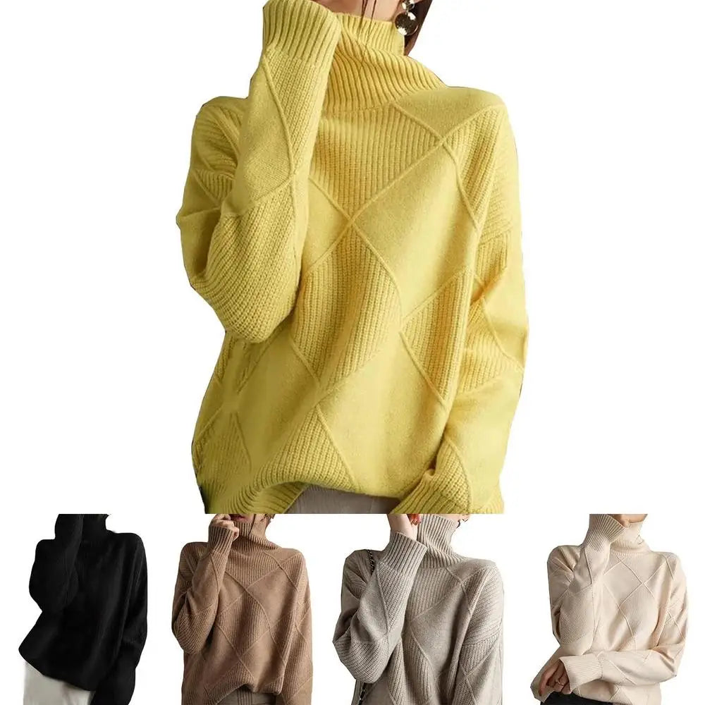 Turtleneck Sweater Long-Sleeve High Neck Sweater Loose Solid Color Knit Pullover Tops For Women Autumn Winter