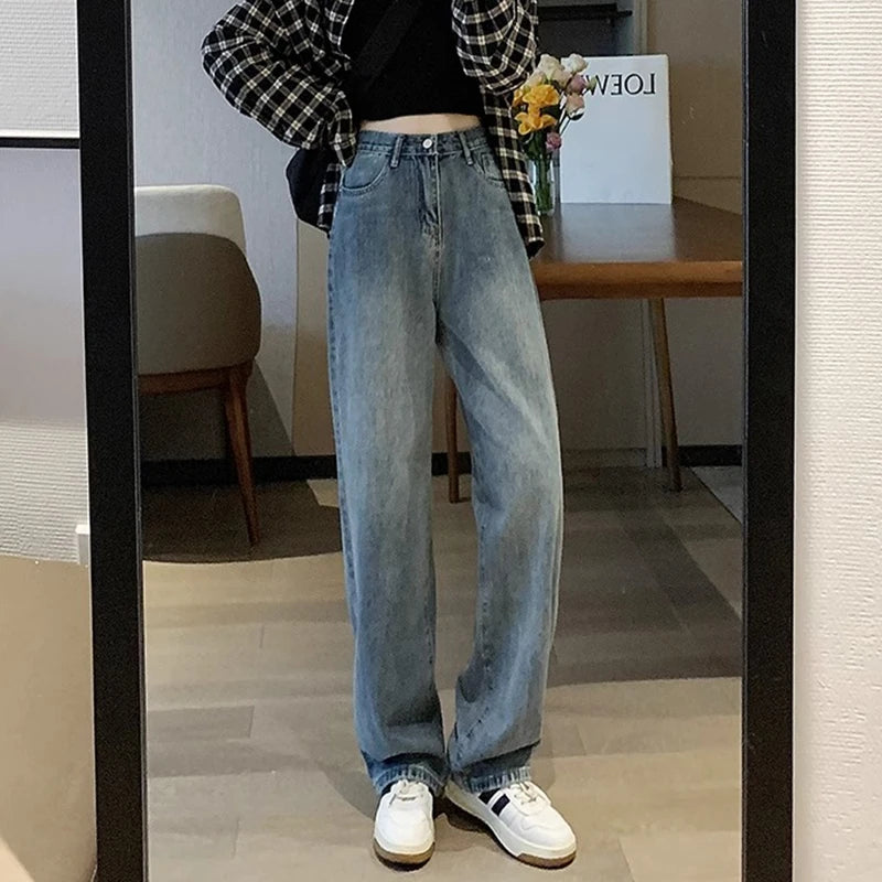 Woman Vintage Wide Leg Jeans Girls High Waist Pants Female Fashion Black Black Grey Retro Blue Light Blue Pink Denim Trousers