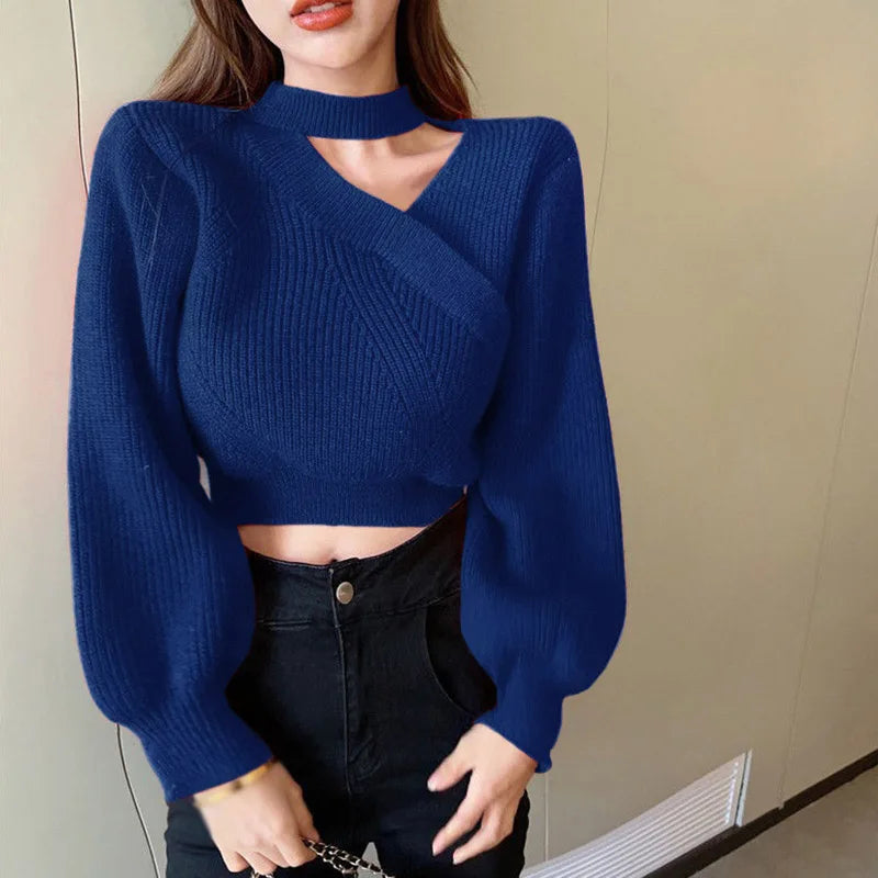 Women's Christmas Sweater Sexy Long Sleeved Sweater Warm Hanging Neck Off Shoulder Female Solid Color Tops