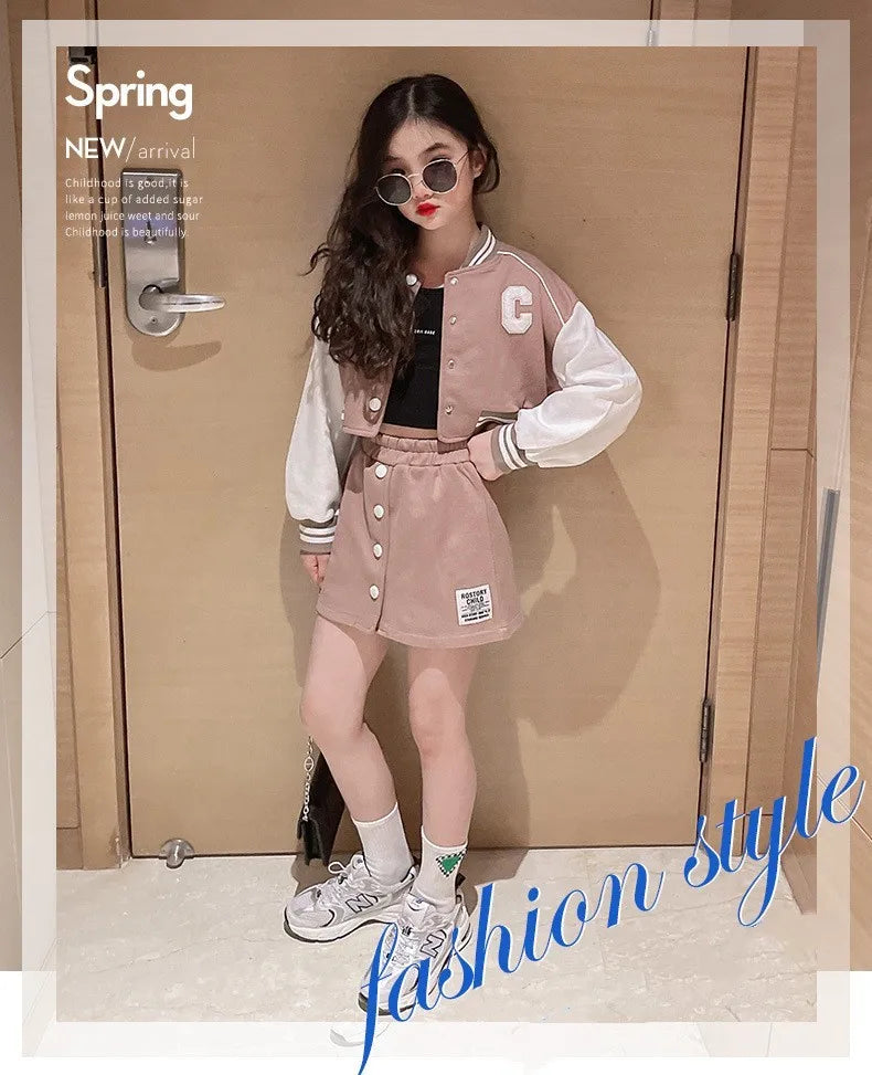 Baseball Coats+Slim Skirt 2Pcs Clothing Sets Spring Autumn Teen Girls Fashion Sports Outfits Kids Letter Print Tracksuit 3-14 Y