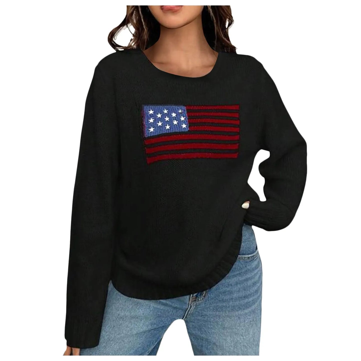 2024 New Womens Flag Print Sweater Autumn Knitted Sweater Elegant Jumper Casual O-Neck Knitwears Pullover