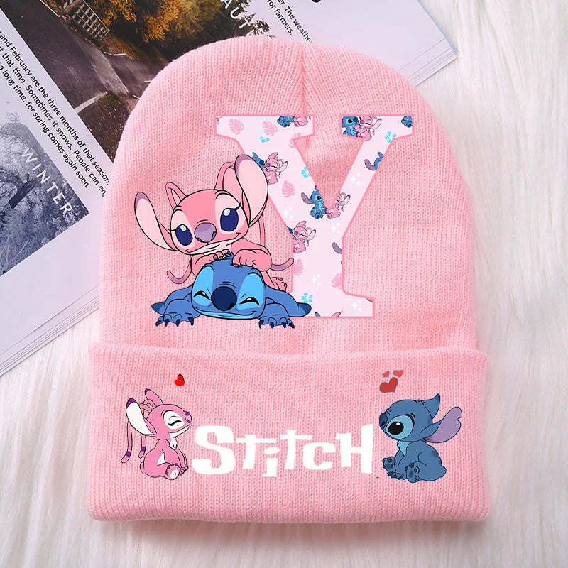 Stitch Angel Girls Knitted Caps Baby Hat Kawaii Cartoon Letter A-Z Printed Beanie Kids Winter Warm Accessories Christmas Gifts