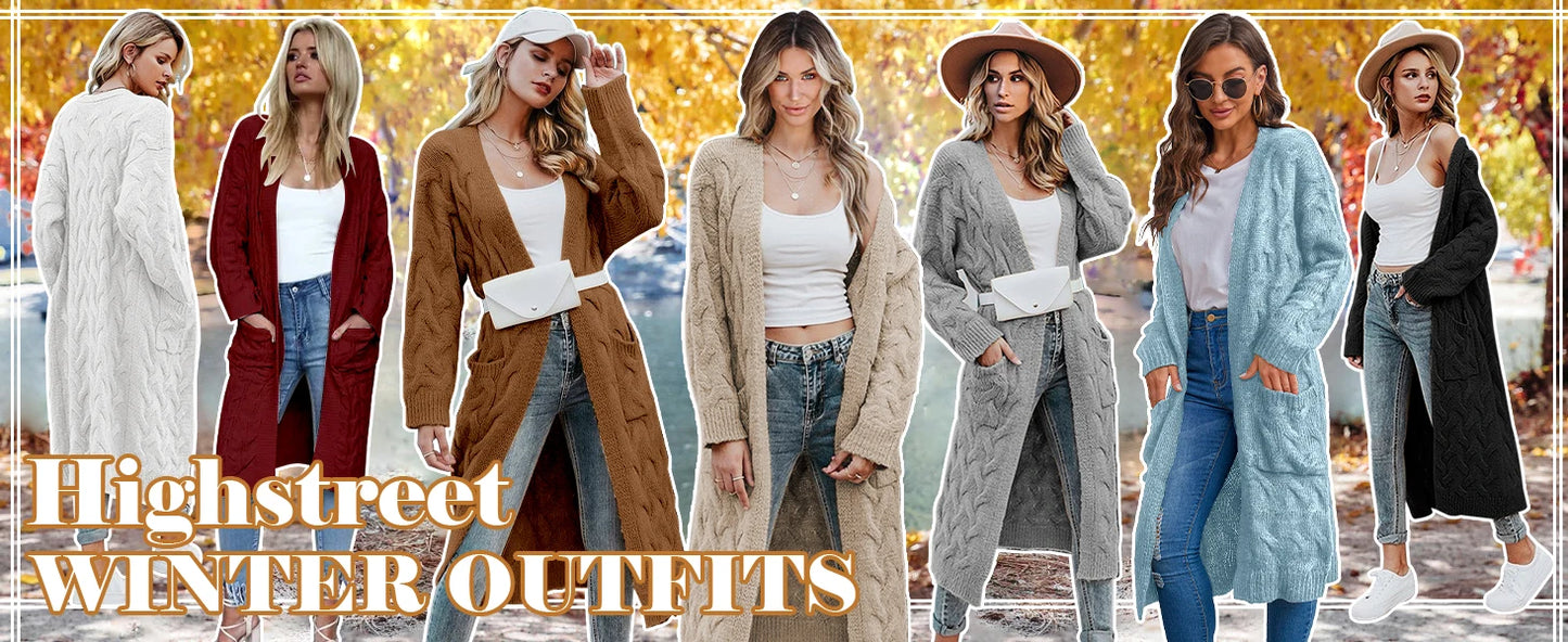 Women's Long Cardigan Coats Cable Knit Casual Open Front Long Sleeve Loose Sweater with Pockets