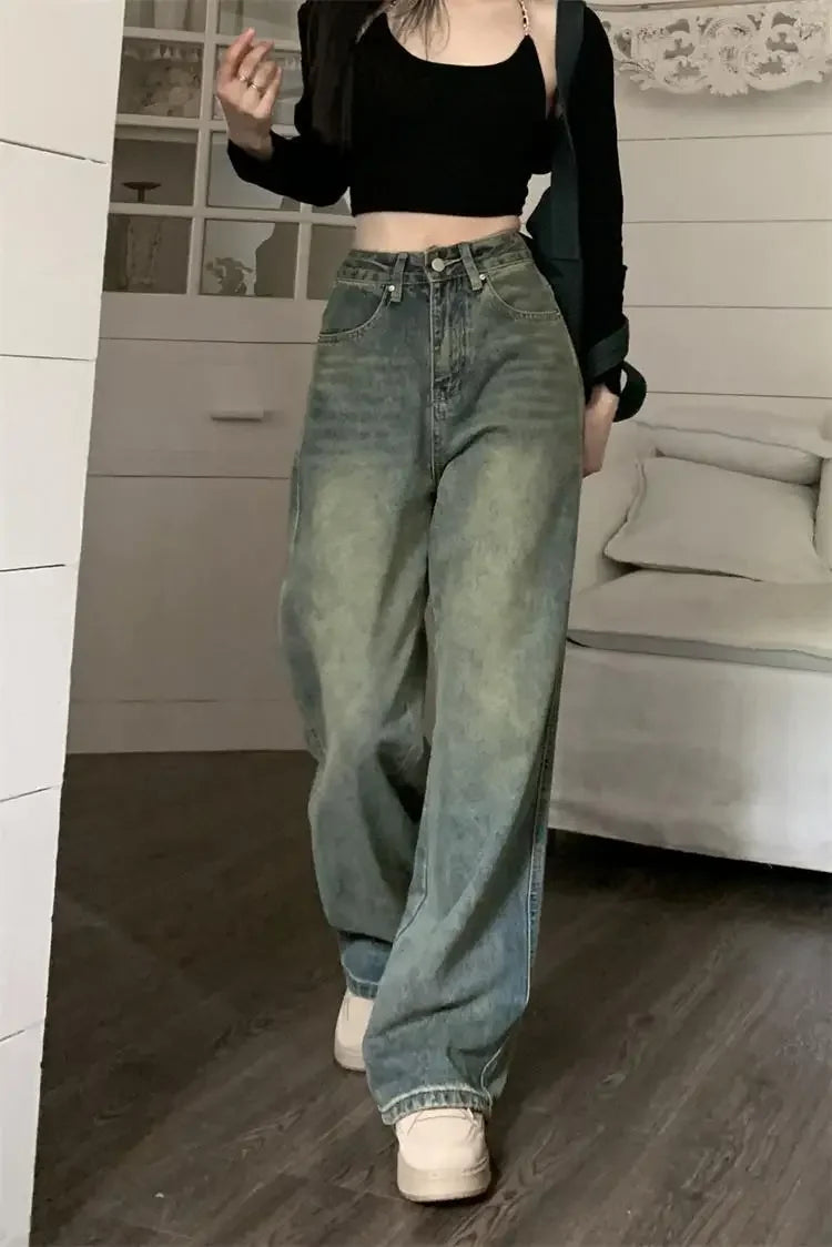 Vintage High-waisted Slimming Jeans American Style Casual Bell Bottoms Versatile Straight-leg Long Pants For Women