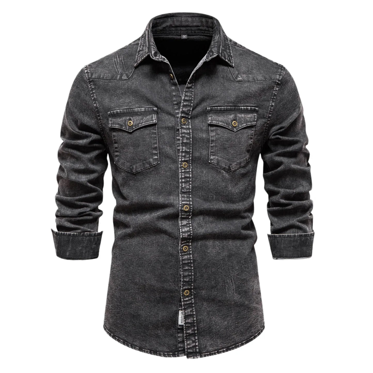 Men's Black Washed Classic Slim Pocket Jeans Shirt Fashion Handsome Fit Turn Down Neck Long Sleeve Denim Shirt Daily Wear