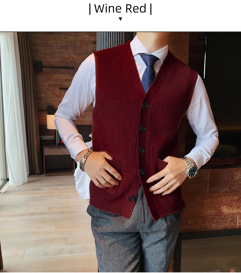 Men's Sweater Vest V-Neck Sleeveless Knitted Button Cardigan DXL Big and Tall Solid Thickened thermal coat knitted vest