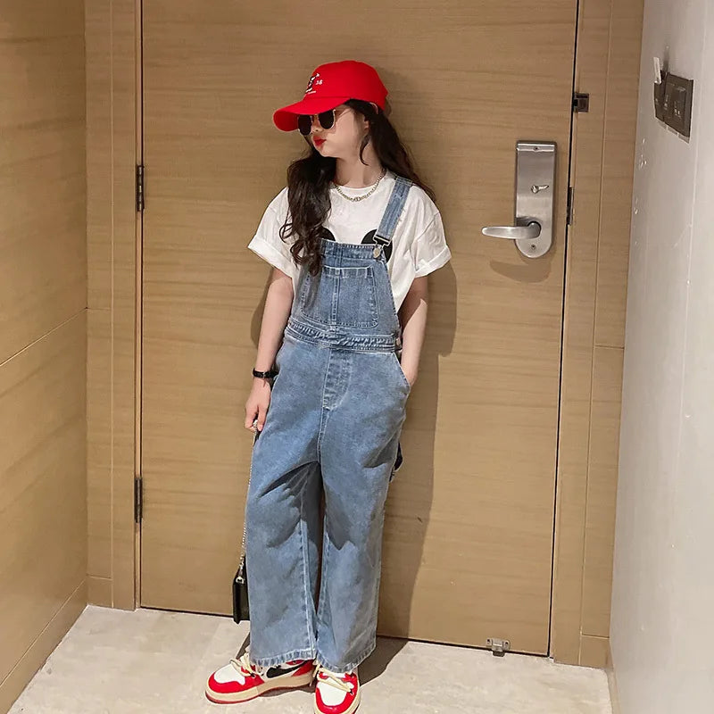 Spring Autumn Suspenders Jeans Bib Pants 2023 Korean Style Children Overalls for Girls Denim Jean Jumpsuit Teenage 4 to 16 Years