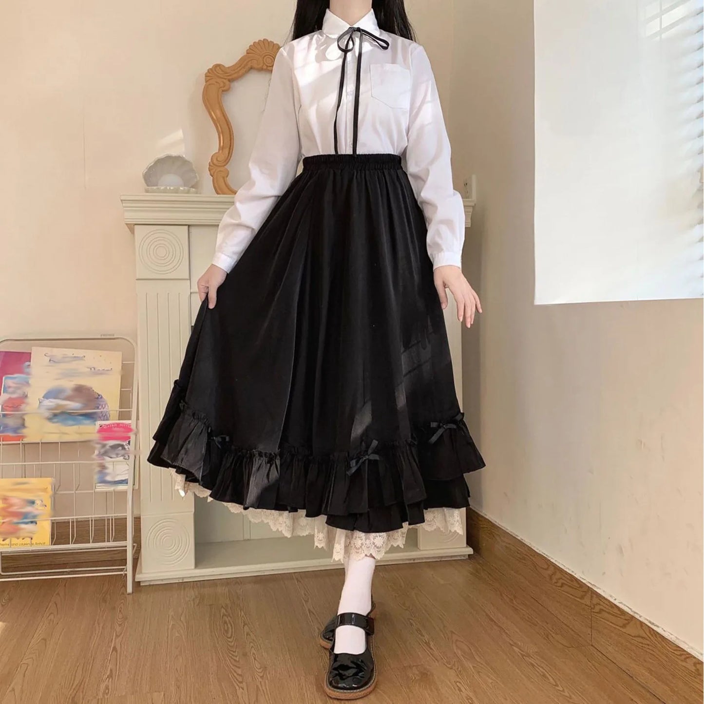 Sweet Heart Lolita Costumes Women's Ruffles Hem Bowknot Japanese Style A-Line Skirt Princess Layer High Waist Lace Skirt