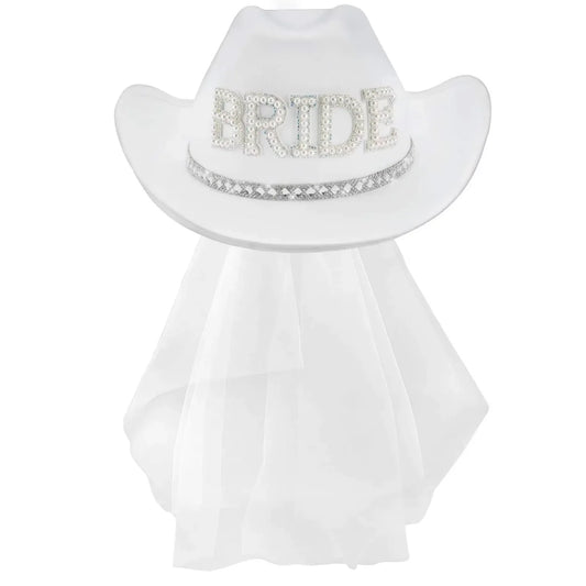 Bride's Rodeo Bridal Cowgirl Hat Bachelorette Rhinestone Cowboy Hats Veil Gift Halloween Costume