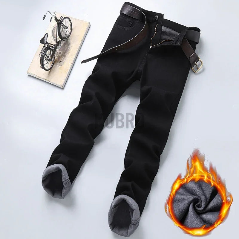 2024 Winter New Casual Men's Warm Fleece Jeans Classic Style Business Thicken Fur Regular Fit Denim Pants Brand Plush Trousers