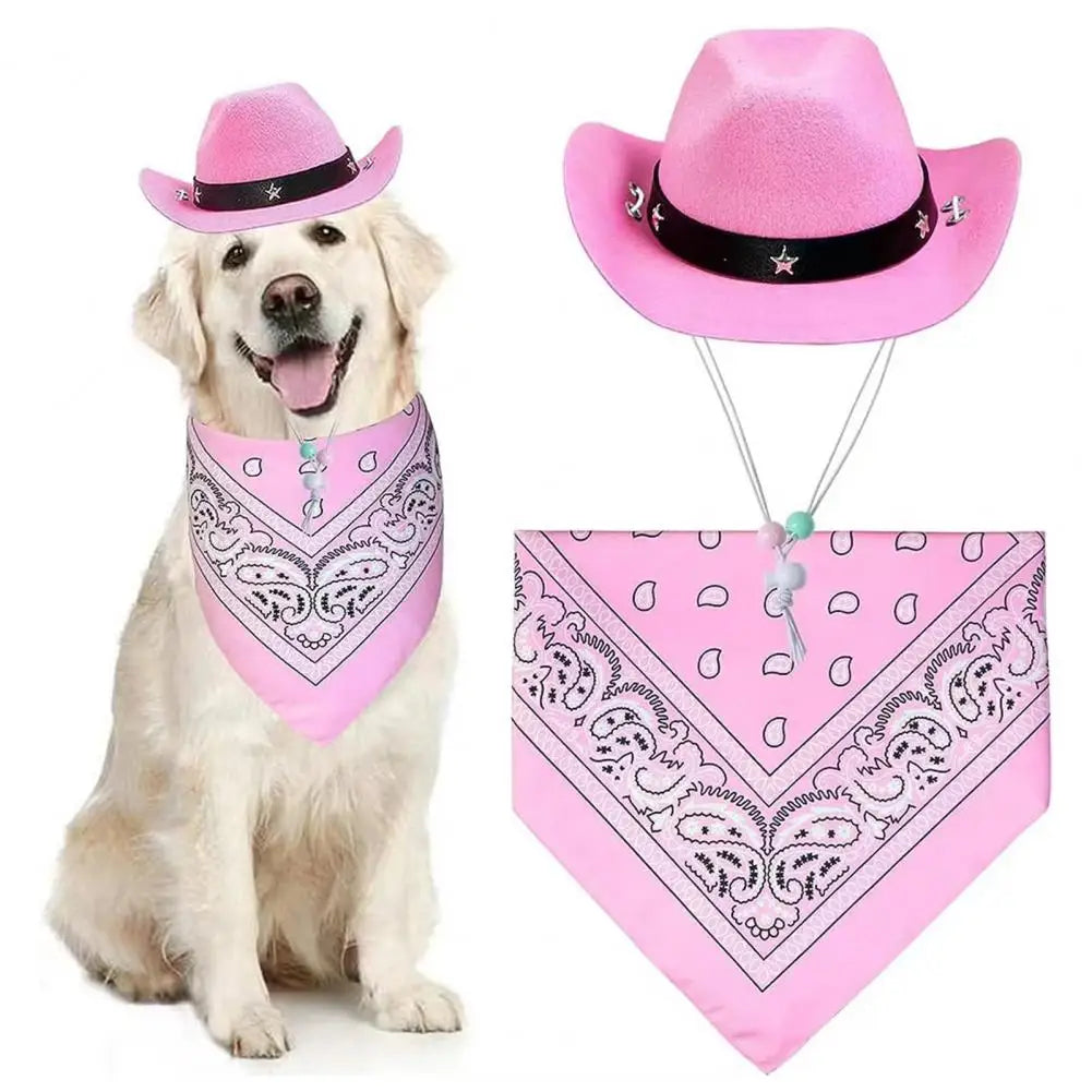 Pet Cowboy Hat Scarf Set Adjustable Buckle Pet Bandana Stylish Western Cowboy Dog Costume Set Breathable Hat Adjustable for Dogs