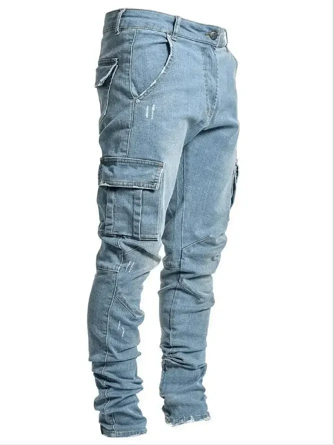 Solid Color Fashion Men Casual Pants Stretch Jeans Skinny Work Trousers Male Wash Slim Fit for Zippered Jeans Men Clothing