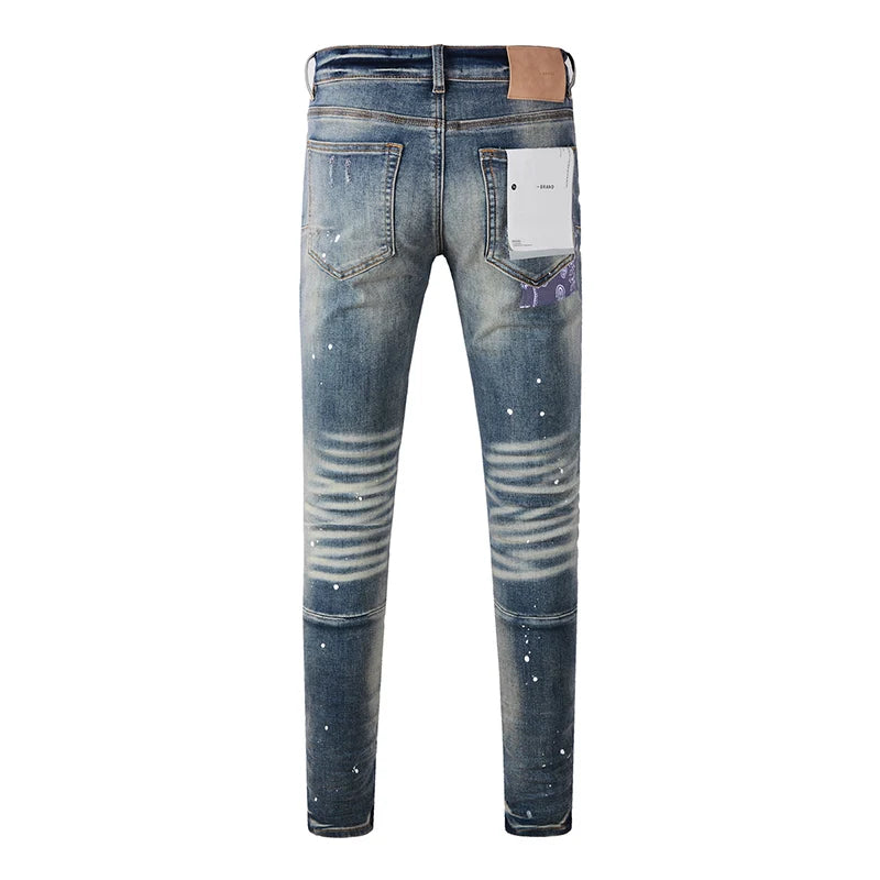 Americans High Street Style Classical Blue Skinny Distressed Button Fly Destroyed Holes Patchwork Slim Fit Graffiti Ripped Jeans