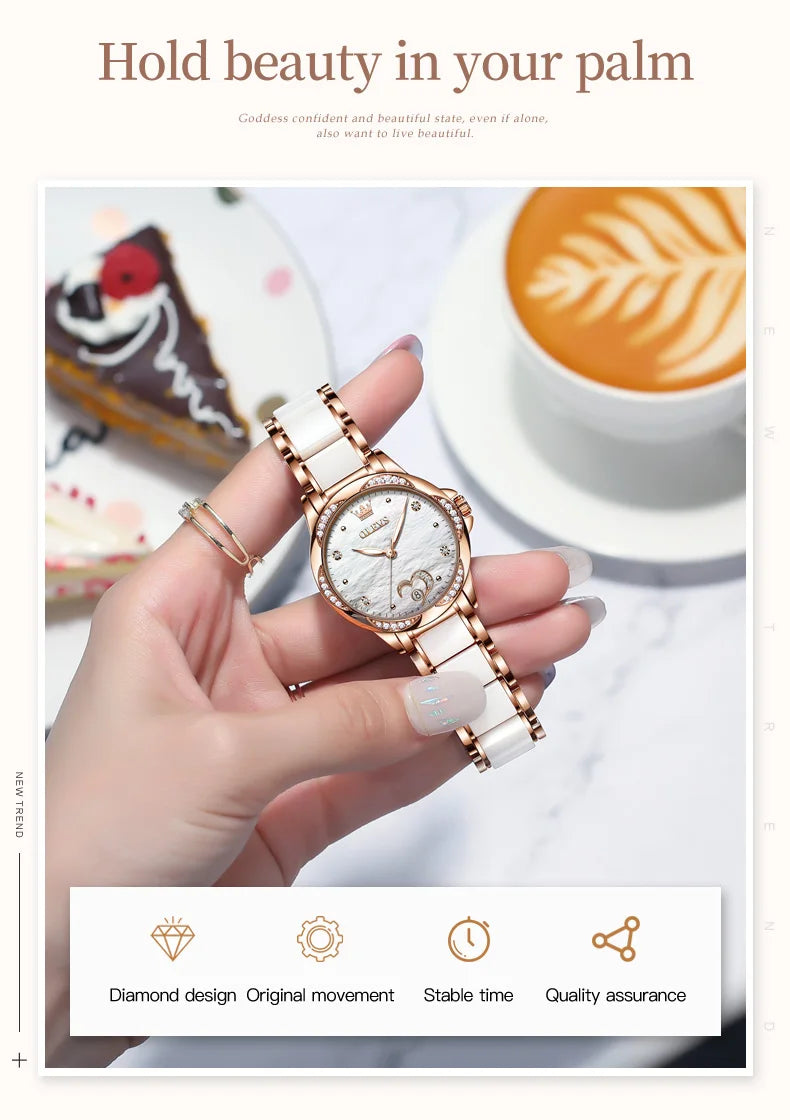 OLEVS 6631 Luxury Date Mechanical Watch For Women Original Ceramic Steel Strap Woman Wristwatch Deep Waterproof Dress Watches