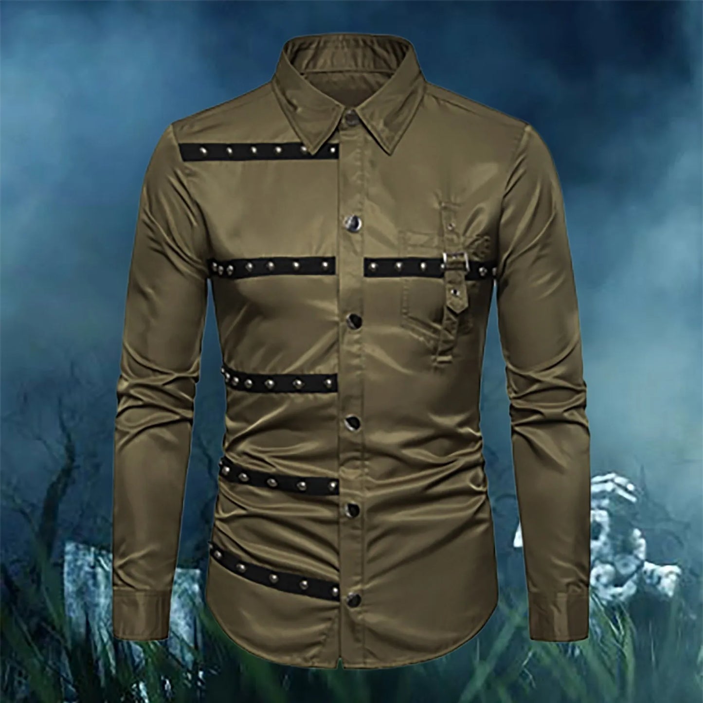 Gothic Studded Men'S Long Sleeve Shirt Halloween Medieval Belt Black Shirt Classic Vintage Party Performance Men'S Clothing