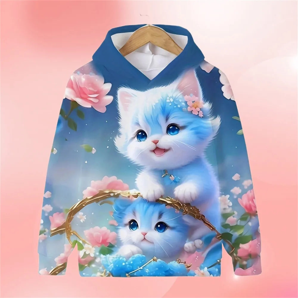 2024 Kawalii Girls Clothes Hoodies for Kids Cat Hoodie Fashion Cartoon Spring Autumn Casual Cartoon Print Sweaters for Children