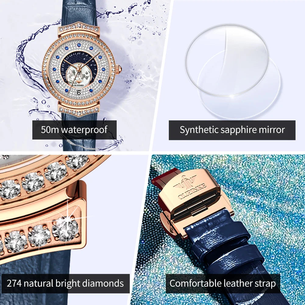 OUPINKE 3218 Imported Swiss Quartz Movement Watch for Women Starry Sky Fully Diamond Real Leather Strap Luxury Ladies Wristwatch