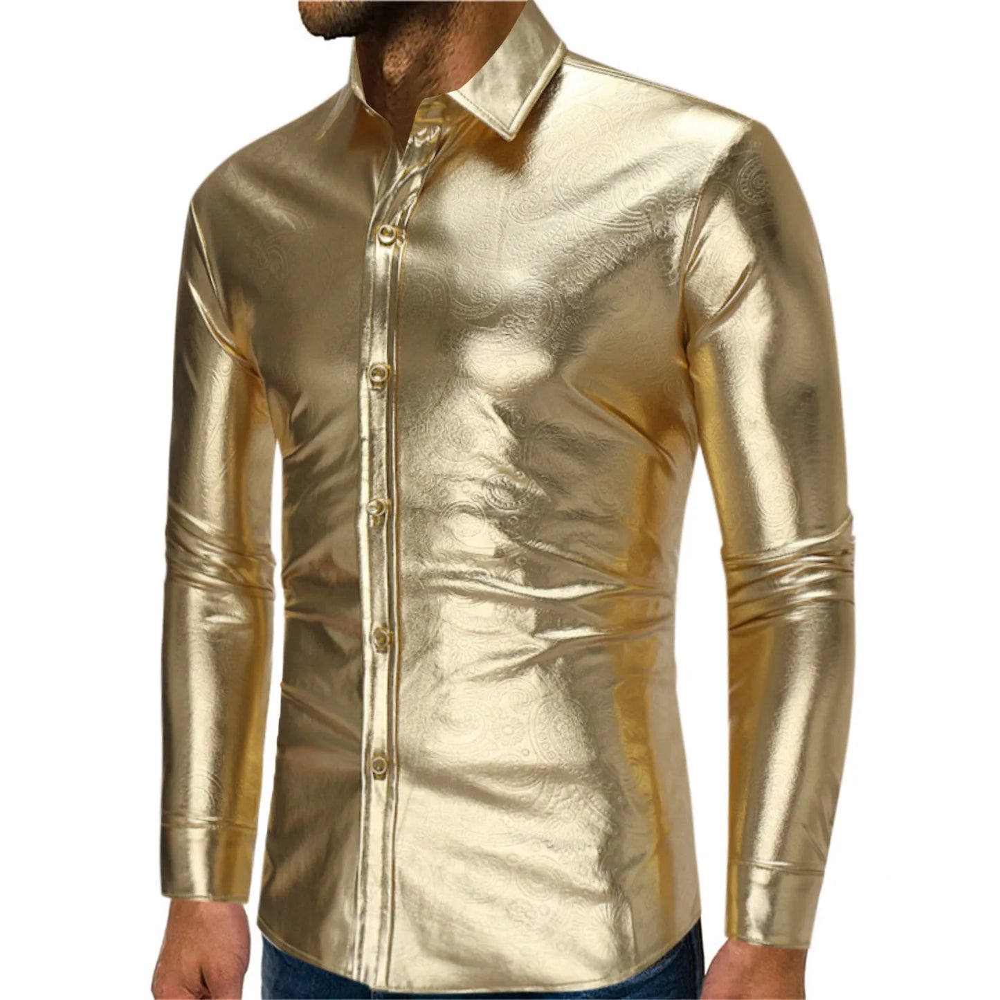 Men Leather Shirts Pattern Fashion Pu Faux Leather Shirt Shiny Long Sleeve Dance Party T-Shirts Autumn Winter Vintage Shirt Men