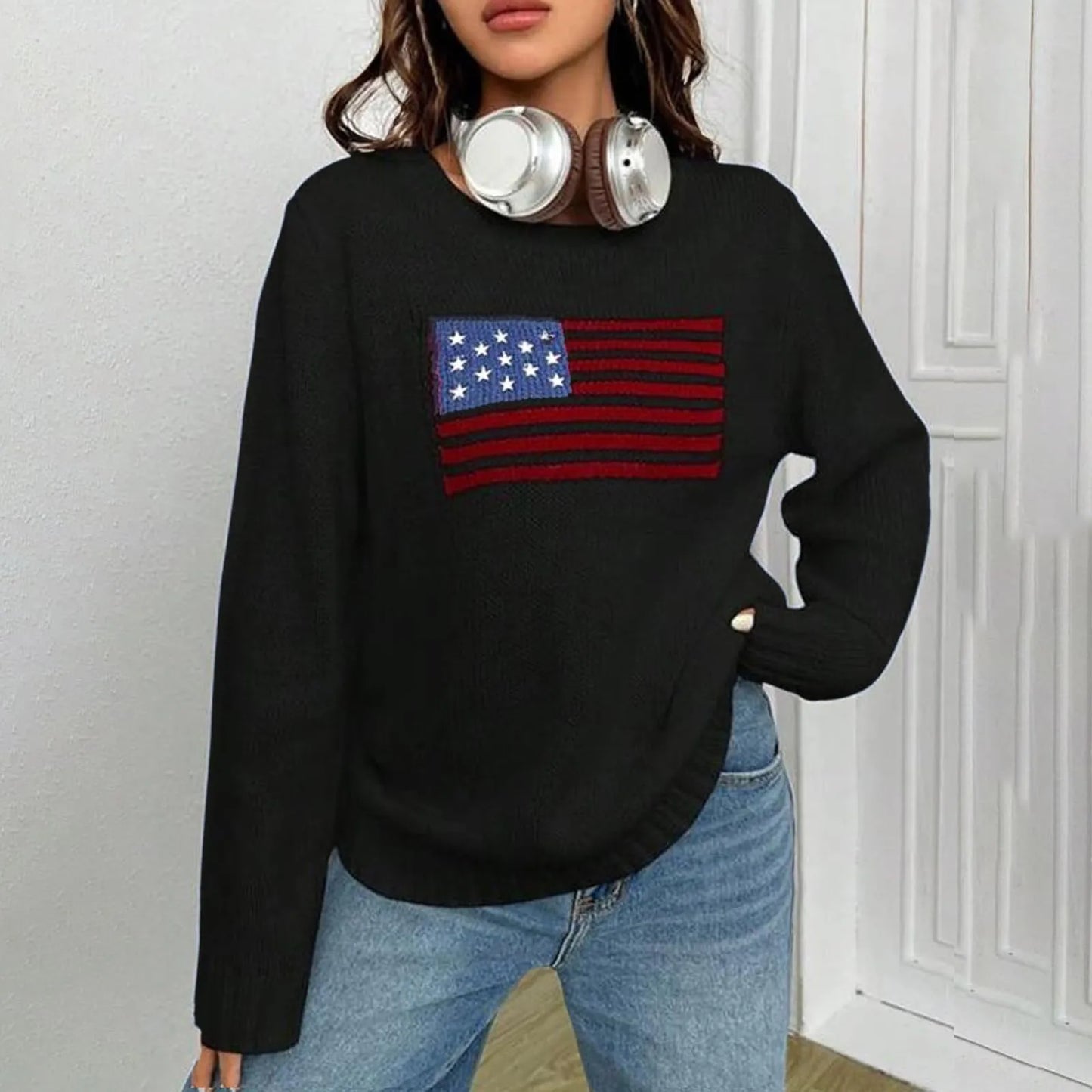 2024 New Womens Flag Print Sweater Autumn Knitted Sweater Elegant Jumper Casual O-Neck Knitwears Pullover