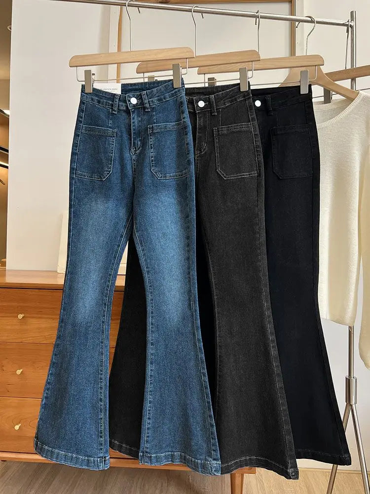 New High Waist Trousers Loose Washed Jeans Pockets Slim Denim Flare Classic Women Vintage Stretch Straight Trousers All-match